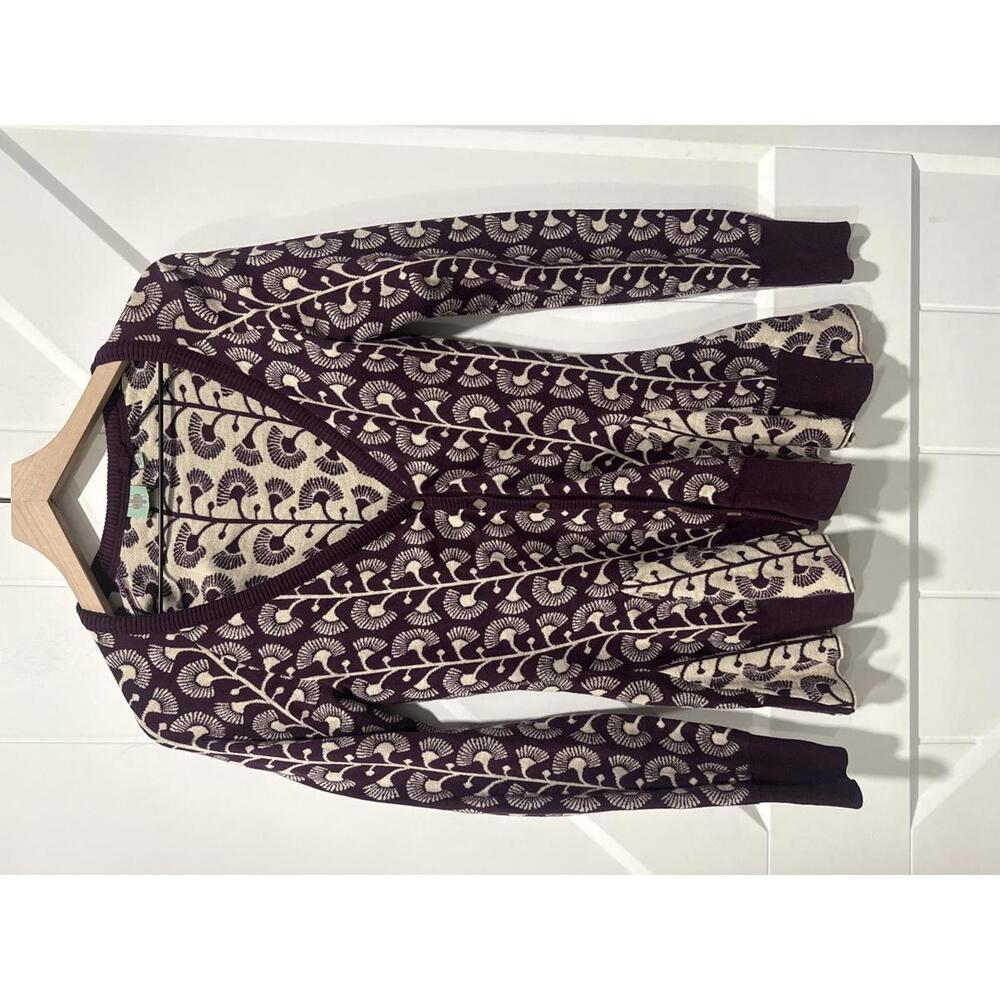 Anthropologie HWR Monogram Climbing Marigold Cardigan in Puprle and Cream